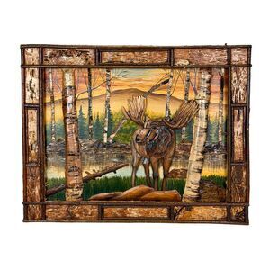 Rustic Moose Birch Forest Wood Wall Sculpture 28.75x36.5 Brown Glossy